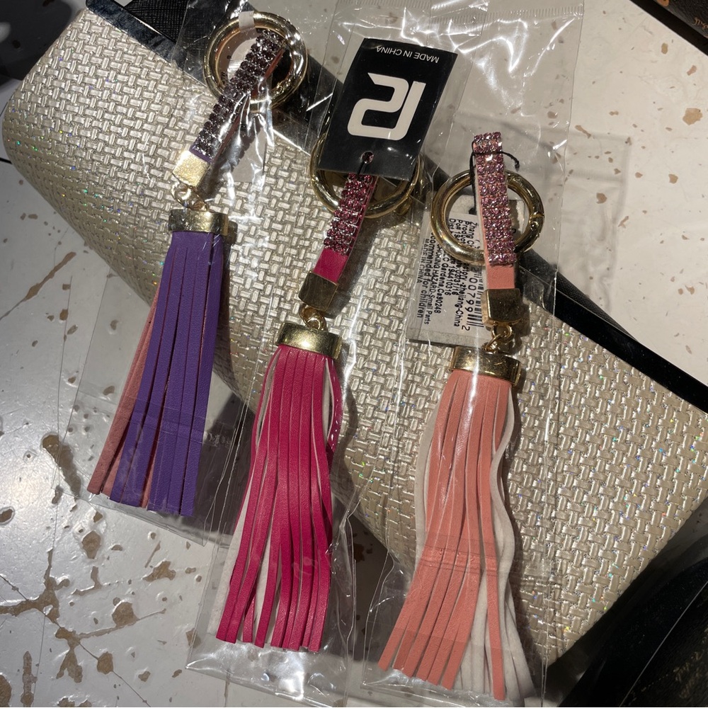 Bag Charm with Faux Rhinestones and Fringes Pink Purple Magenta